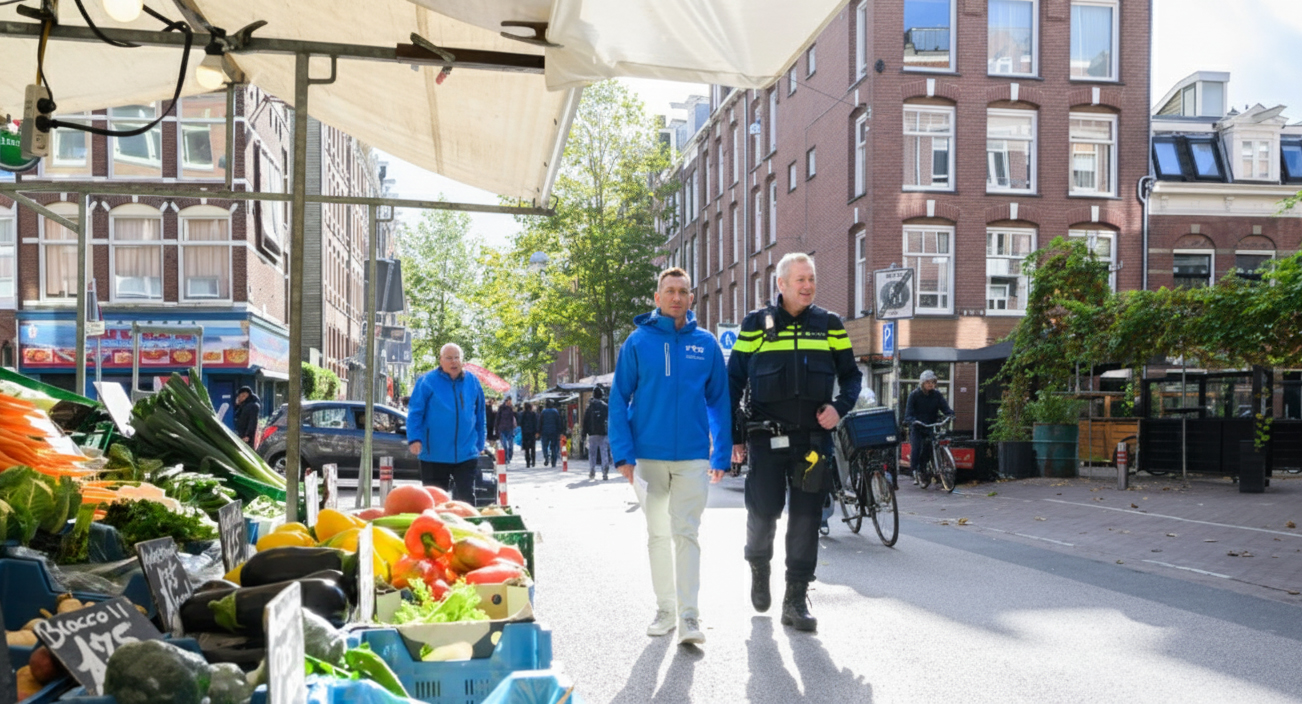 Sfeerfoto PVO Amsterdam: PVO medewerker en politie lopen over een markt